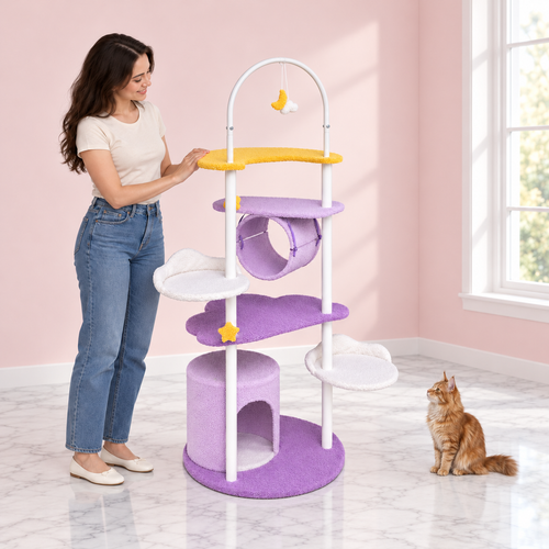Cat Tree 62 Inches – The Metalwork Tower with a ginger Maine Coon in a pale pink room