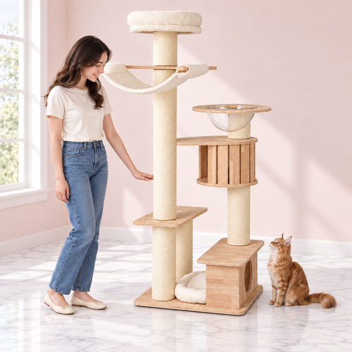 Cat Tree 69 Inches – The Plush Summit with a ginger Maine Coon in a pale pink room