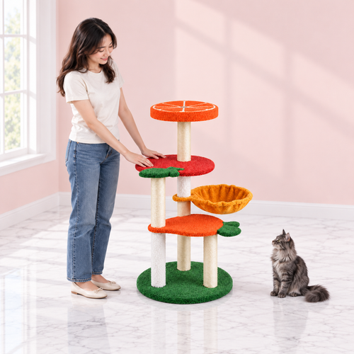 Cat Tree with Fruit-Shaped Platforms – The Orchard with a smoky grey Maine Coon in a pale pink room