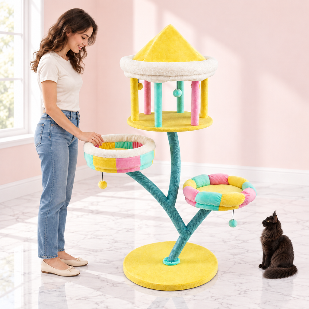 Cat Tree with Two Removable Perches – The Twin Lookout with a black Maine Coon in a pale pink room