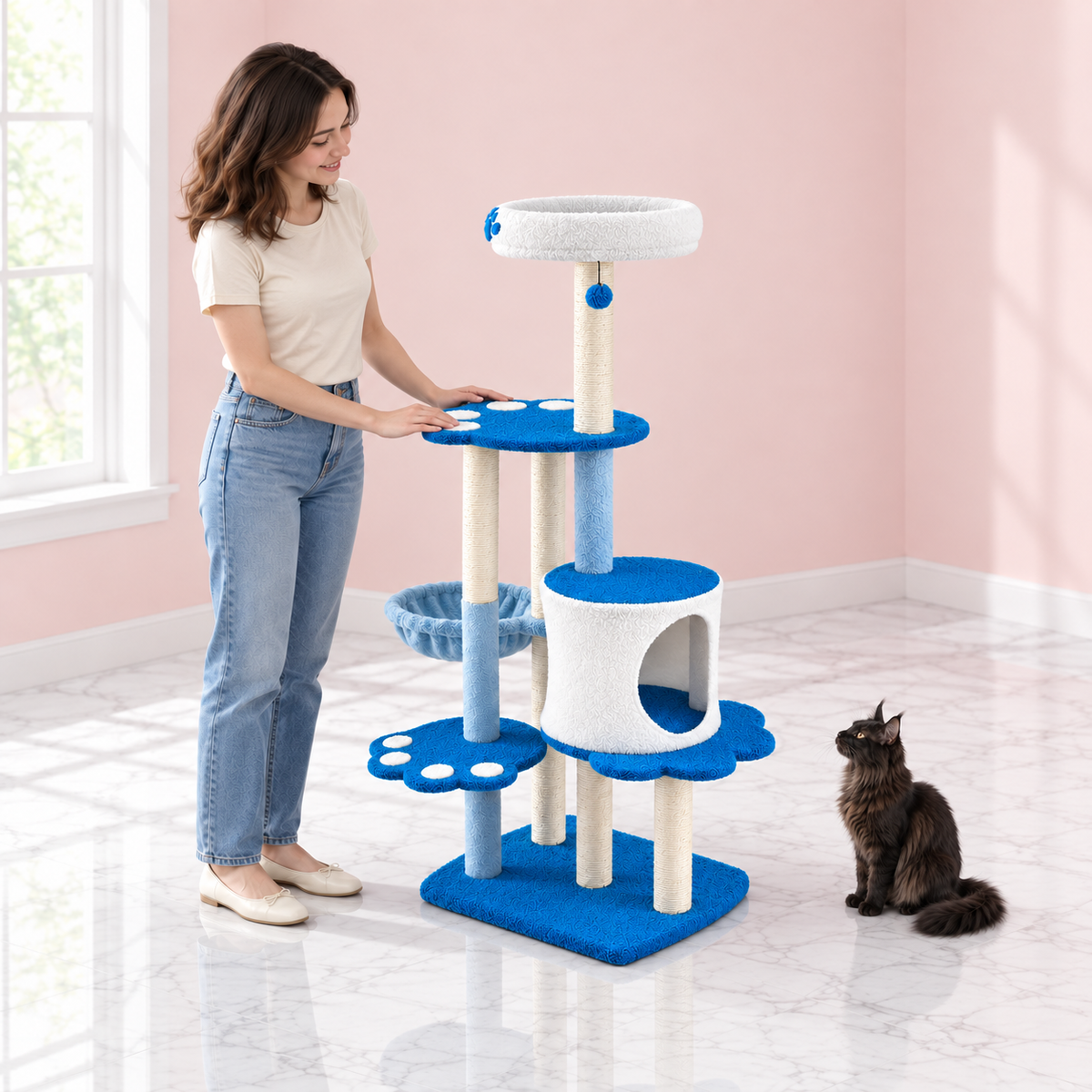 Cat Tree 54 Inches – The Modern Lookout with a black Maine Coon in a pale pink room