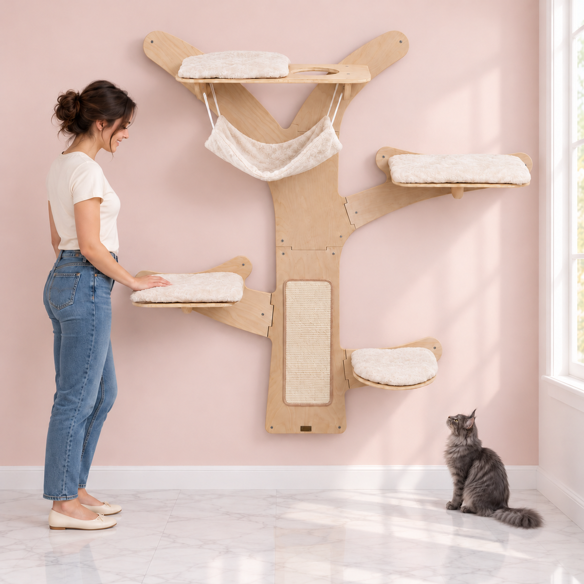 Cat Platforms, Hammock & Sisal Mat – The Wallside Retreat with a smoky grey Maine Coon in a pale pink room