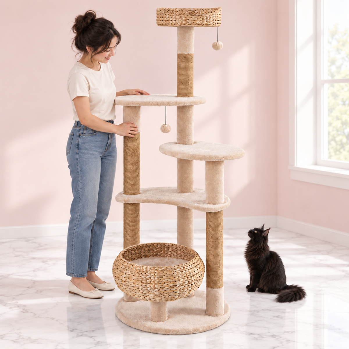 Cattail Cat Tree with Hammock 65 Inches – The Woven Canopy with a black Maine Coon in a pale pink room