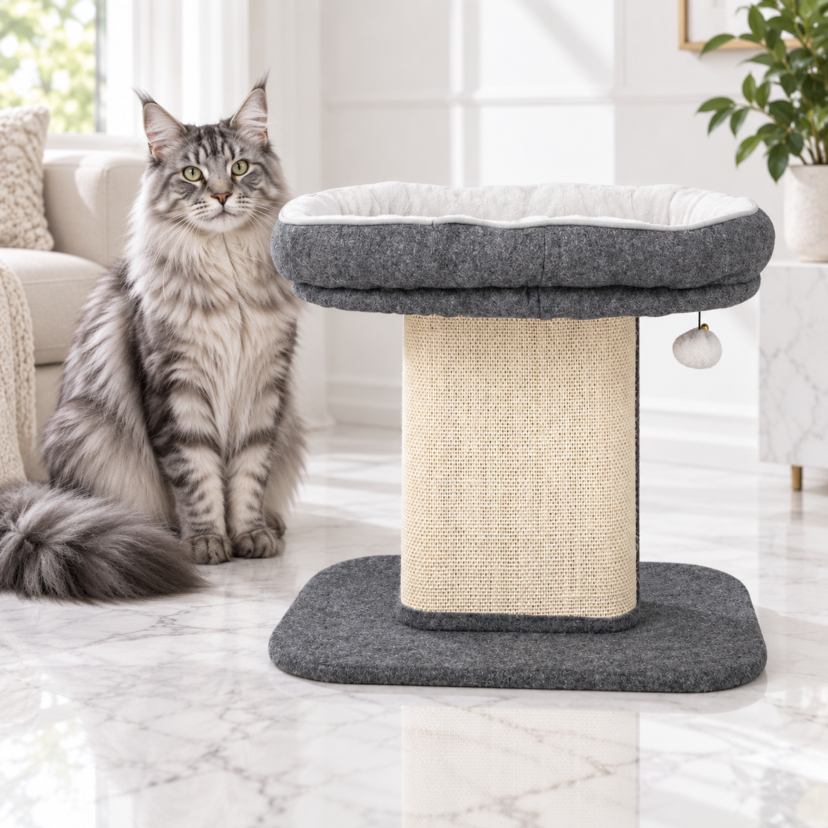 Modern Cat Tree Tower with Large Plush Perch and Sisal Scratching Plate — maine coon silver