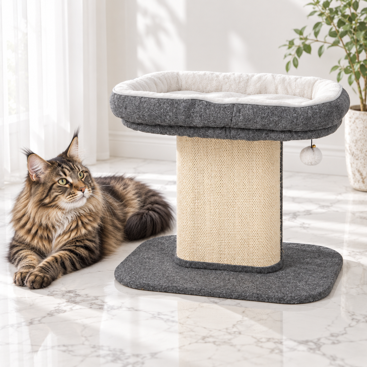 Modern Cat Tree Tower with Large Plush Perch and Sisal Scratching Plate — maine coon brown