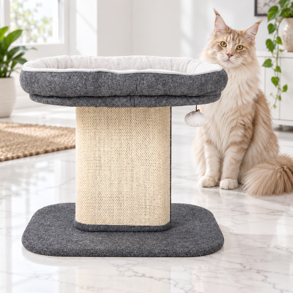 Modern Cat Tree Tower with Large Plush Perch and Sisal Scratching Plate — maine coon cream