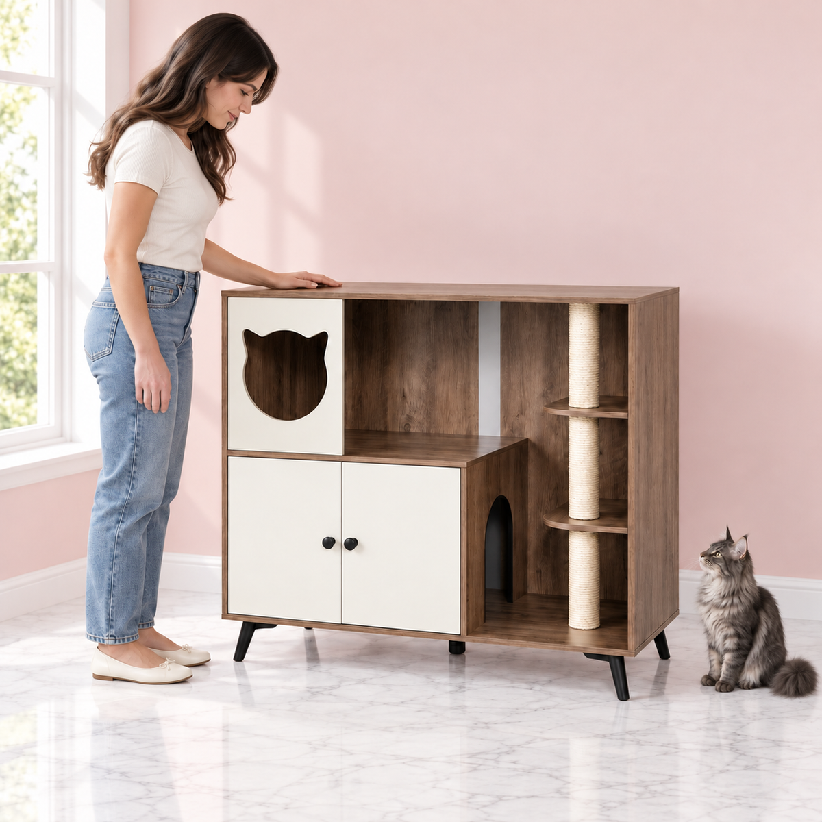 Cat Litter Box Enclosure & Sisal Posts – The Scratch Cabinet with a smoky grey Maine Coon in a pale pink room