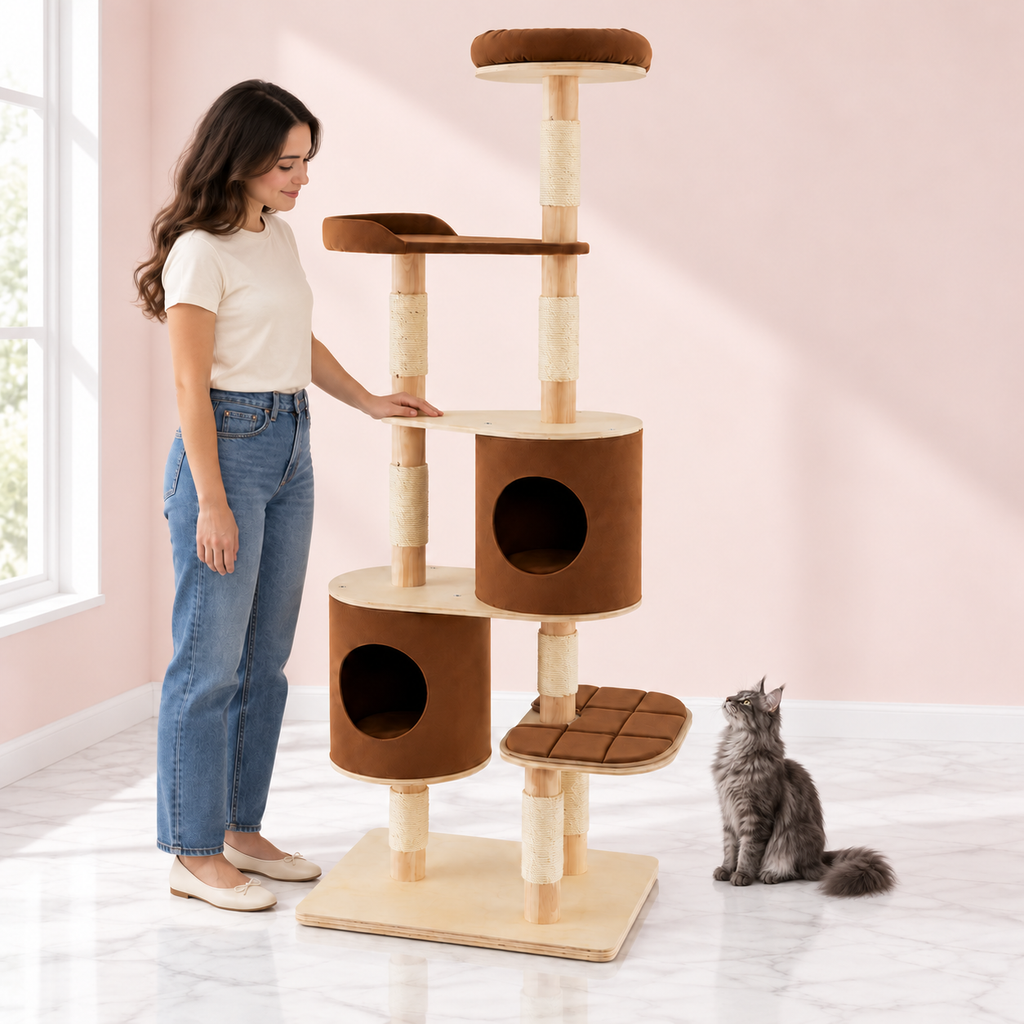 Wooden Cat Tree with Two Condos – The Six-Level Retreat with a smoky grey Maine Coon in a pale pink room