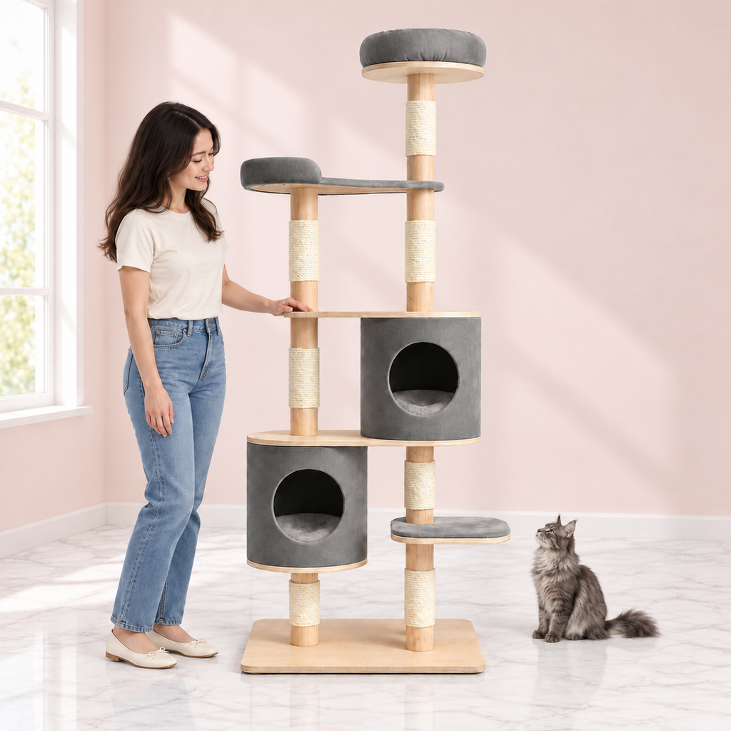 Wooden Cat Tree with Two Condos – The Six-Level Retreat with a smoky grey Maine Coon in a pale pink room