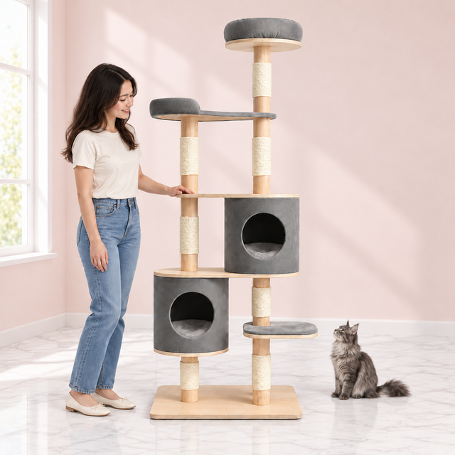 Wooden Cat Tree with Two Condos – The Six-Level Retreat with a smoky grey Maine Coon in a pale pink room