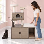 Cat Tree & Cat Litter Box Enclosure – The Tower Cabinet with a black Maine Coon in a pale pink room