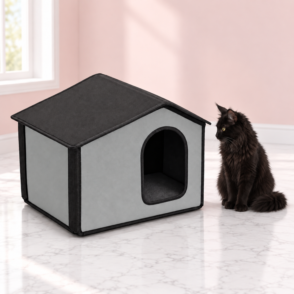 Self-Warming Outdoor Cat House Gray – The Garden Bothy with a black Maine Coon in a pale pink room