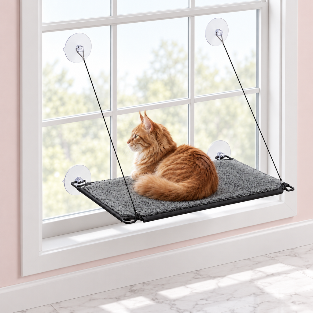 Self-Warming Window Lounger Cat Perch – The Sunwarm Lounger with a ginger Maine Coon in a pale pink room