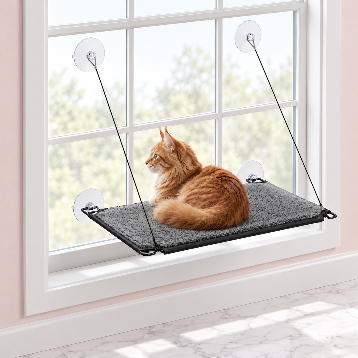 Self-Warming Window Lounger Cat Perch – The Sunwarm Lounger with a ginger Maine Coon in a pale pink room