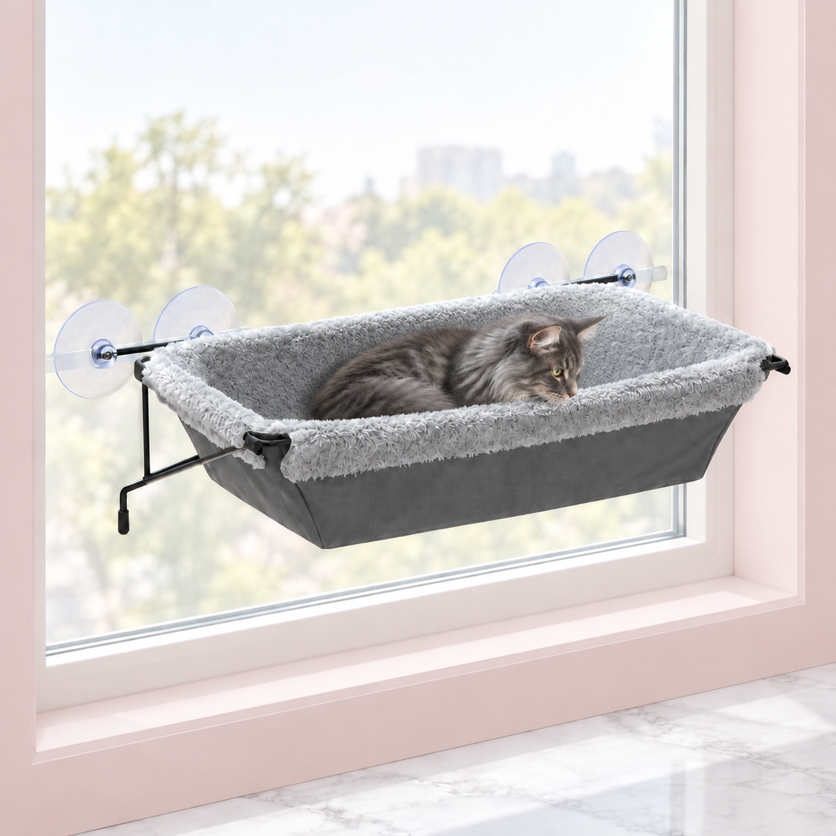 EZ Mount Window Hammock Cat Perch – The Daylight Hammock with a smoky grey Maine Coon in a pale pink room