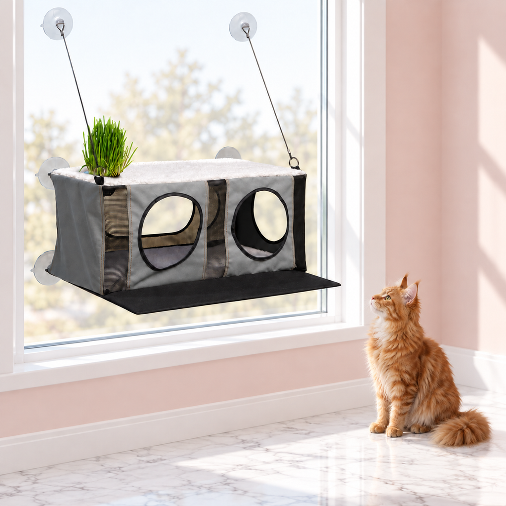 EZ Mount Penthouse Cat Perch & Grass Grow Station – The Garden Penthouse with a ginger Maine Coon in a pale pink room