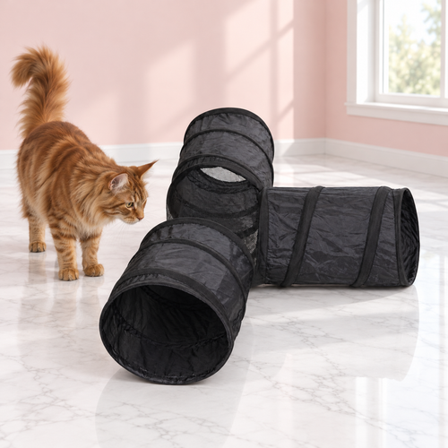 Cat T-Tunnel Toy - 3 Way Cat Tube – The Play Junction with a ginger Maine Coon in a pale pink room