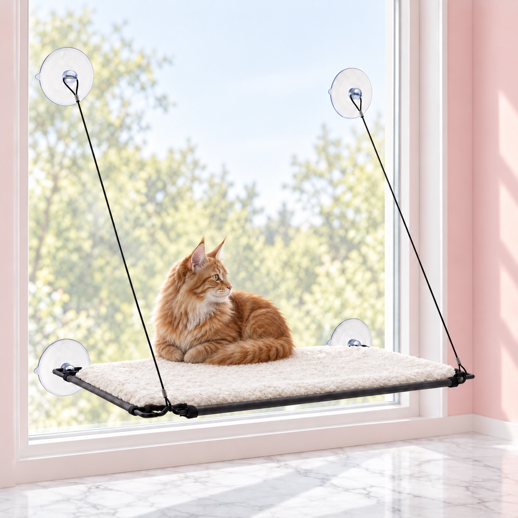 Window Cat Lounger – The Window Retreat with a ginger Maine Coon in a pale pink room