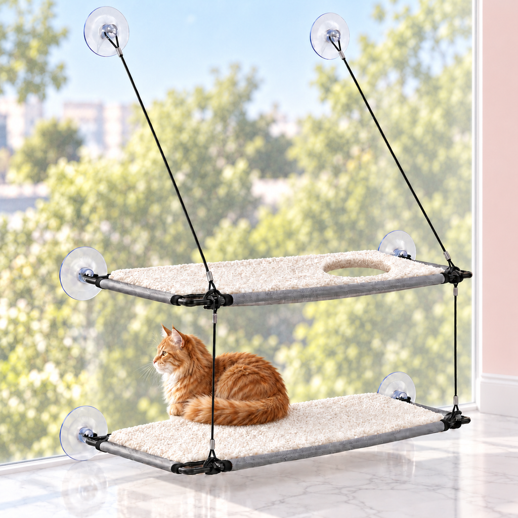Window Cat Lounger – The Window Retreat with a ginger Maine Coon in a pale pink room