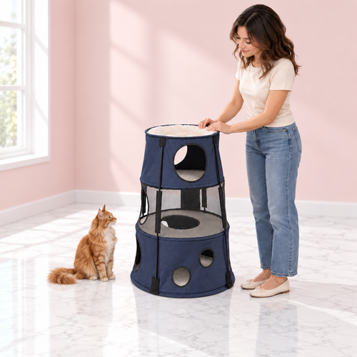 Cat Tree – The Lookout Lodge with a ginger Maine Coon in a pale pink room