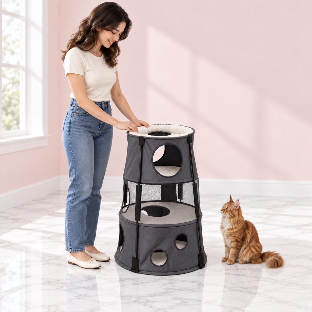 Cat Tree – The Lookout Lodge with a ginger Maine Coon in a pale pink room