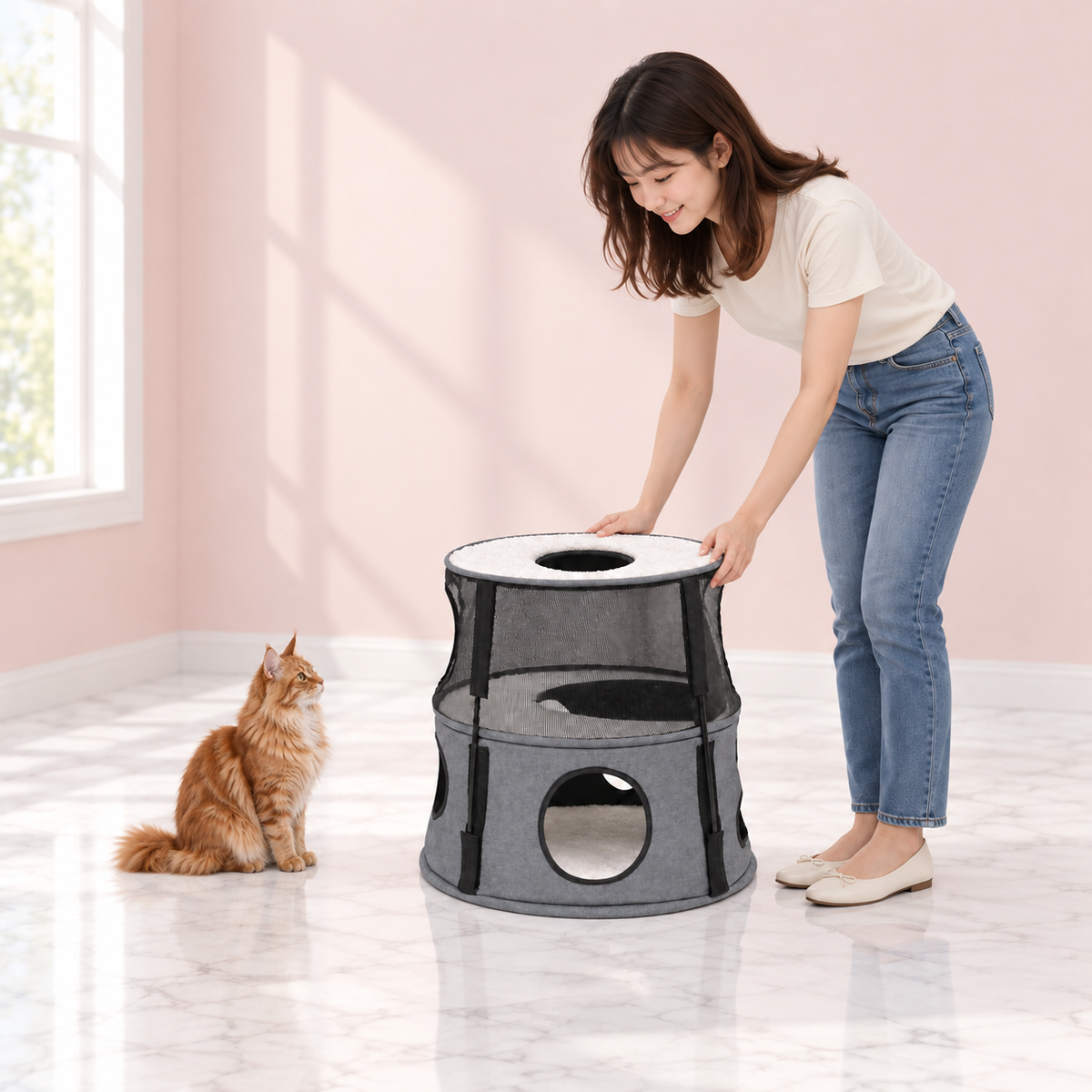 Cat Tree – The Lookout Lodge with a ginger Maine Coon in a pale pink room