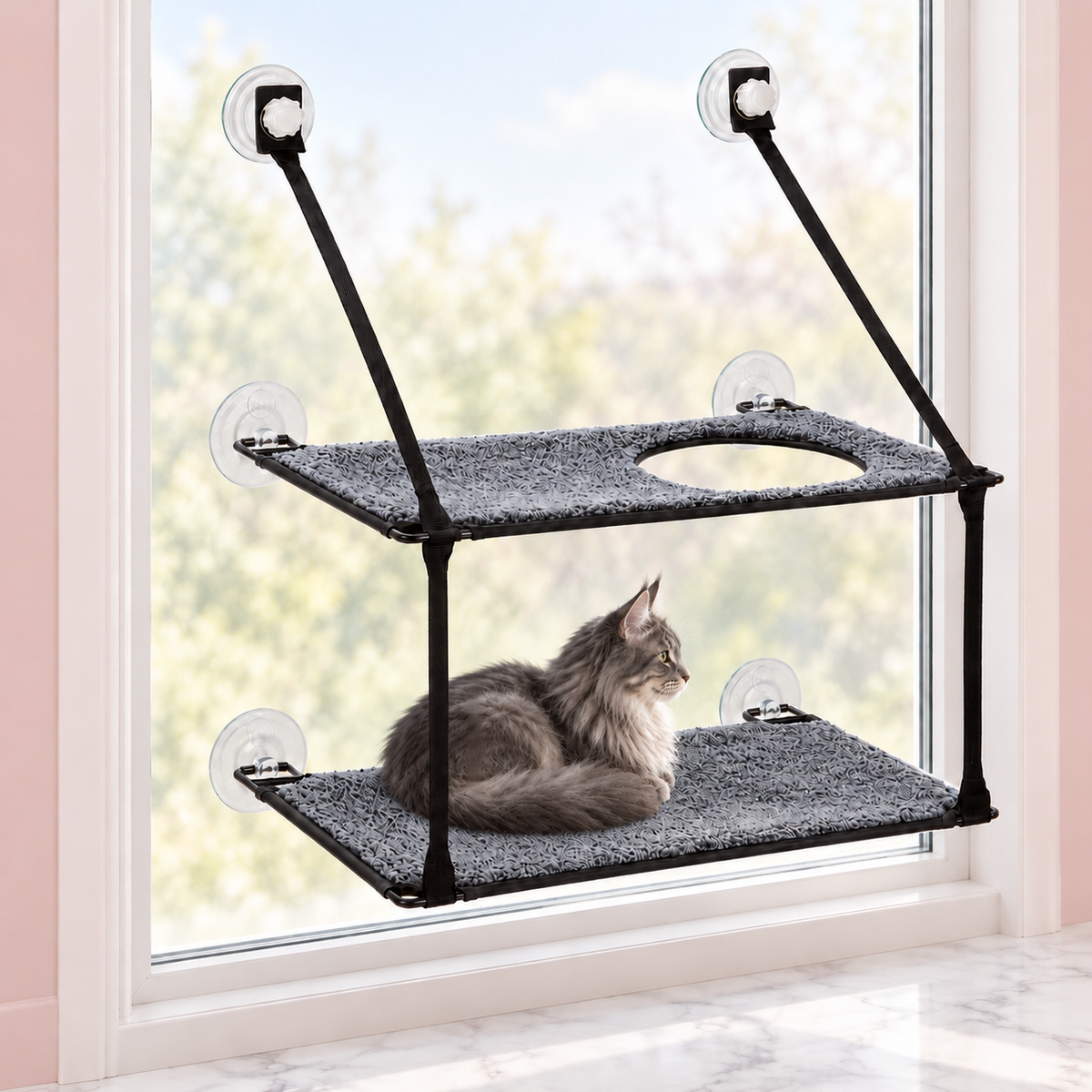 Double-Level Window Cat Perch – The Double Daylight with a smoky grey Maine Coon in a pale pink room
