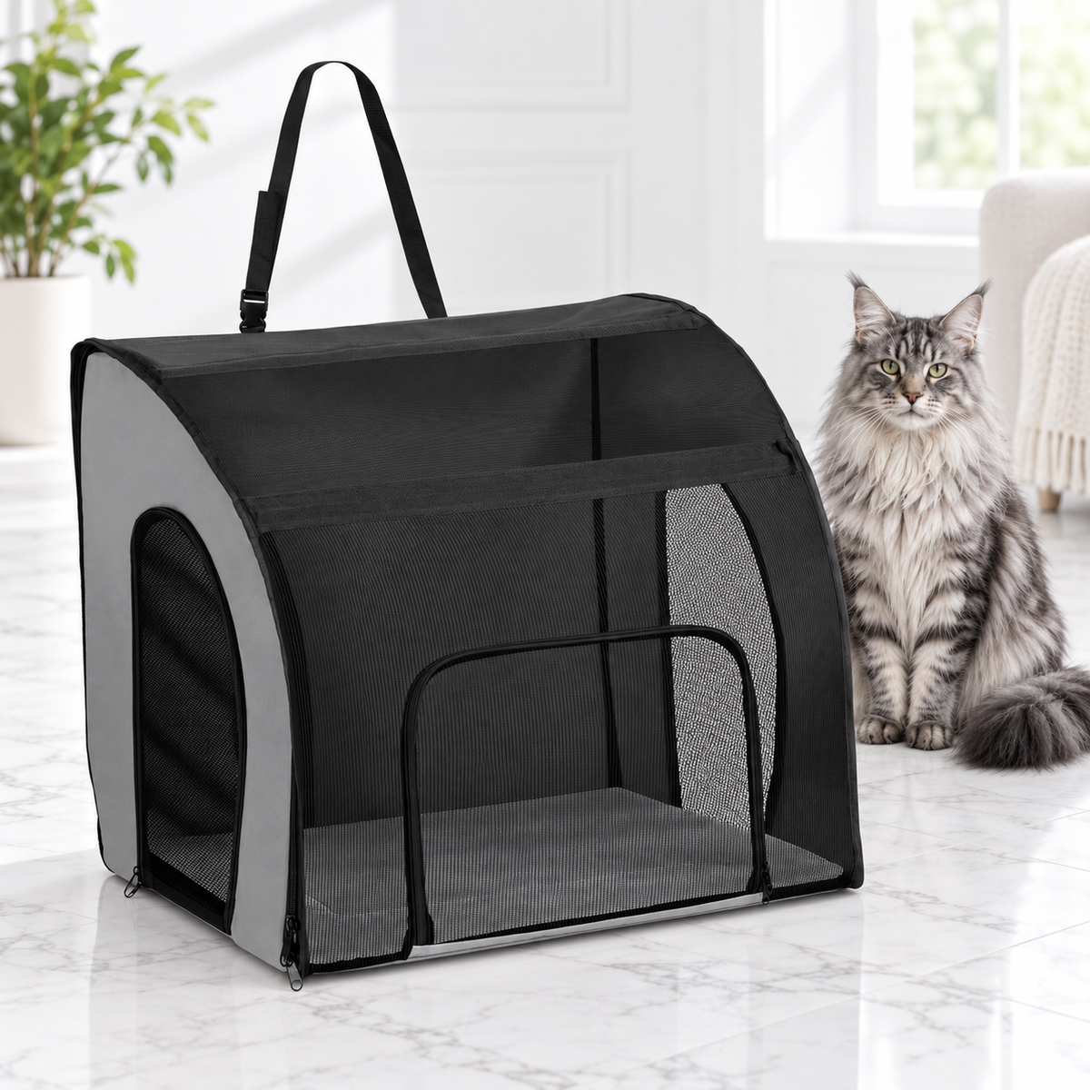 Large K&H Travel Safety Carrier — maine coon silver