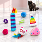 Birthday Box 8-Piece Cat Toy Gift Set – The Birthday Chest with a black Maine Coon in a pale pink room