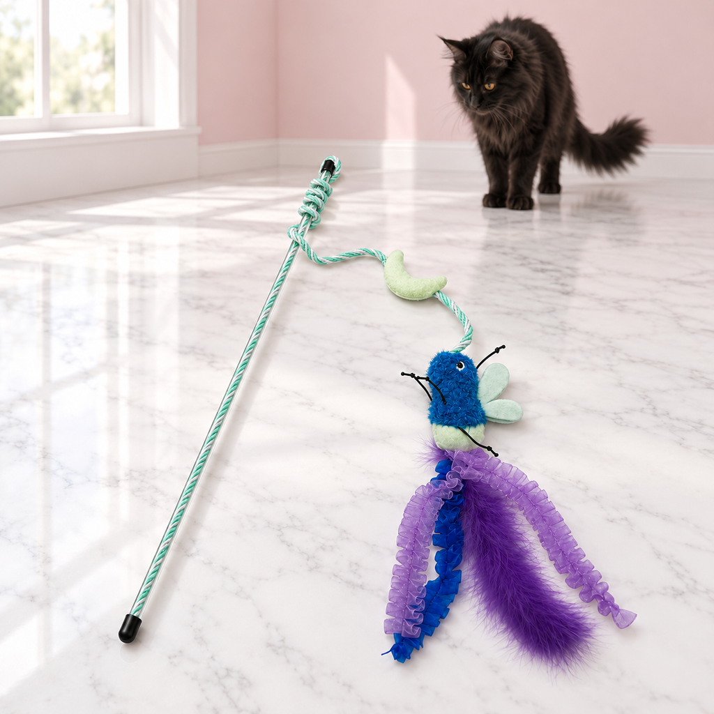 Firefly Glowing Cat Wand – The Firefly Dance with a black Maine Coon in a pale pink room
