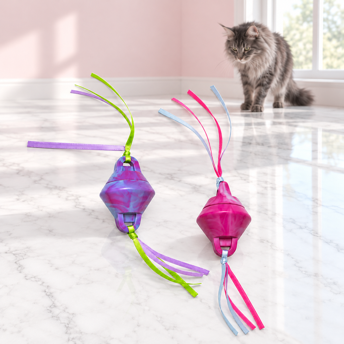 Cooling Cat Toys | Pack of 2 – The Chill Chase with a smoky grey Maine Coon in a pale pink room