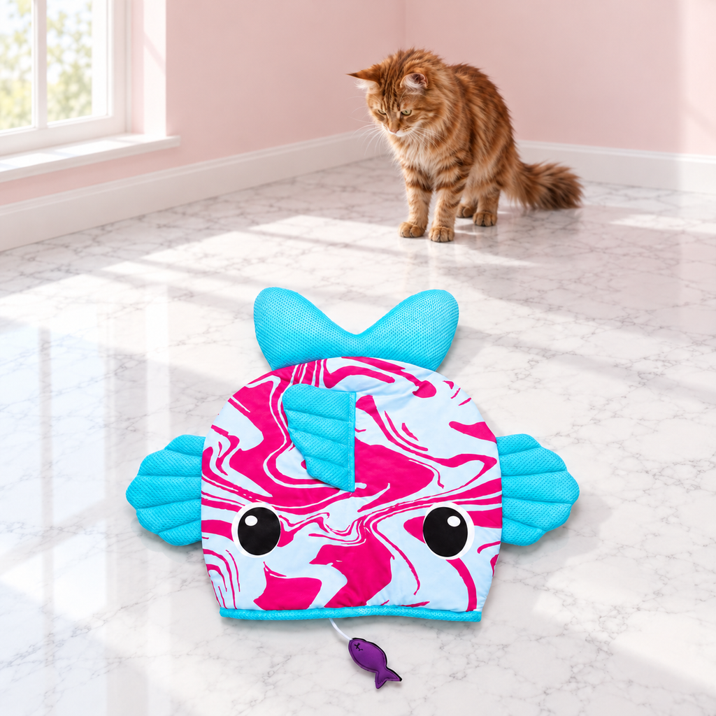 Fish Cooling Cat Play Mat – The Lagoon Mat with a ginger Maine Coon in a pale pink room