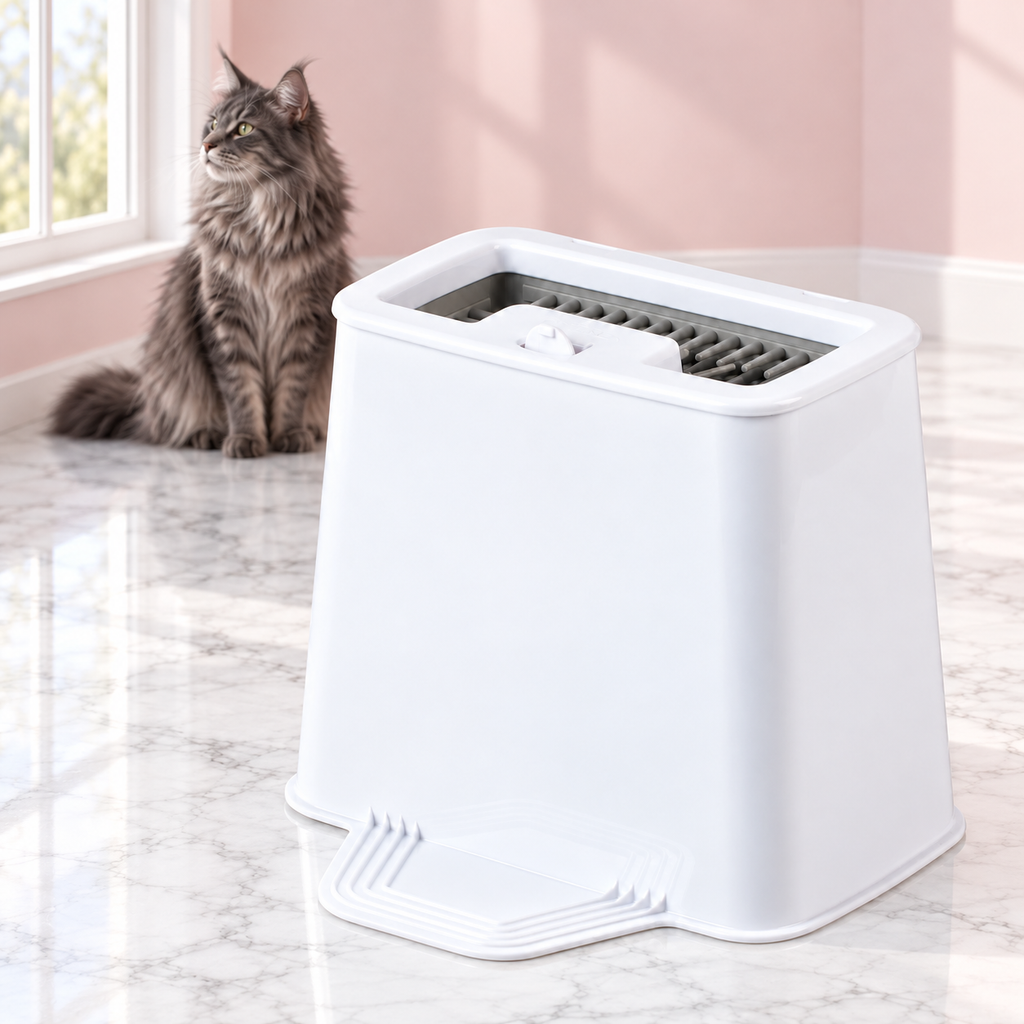 2-in-1 Universal Litter Scoop Holder – The Scoop Station with a smoky grey Maine Coon in a pale pink room