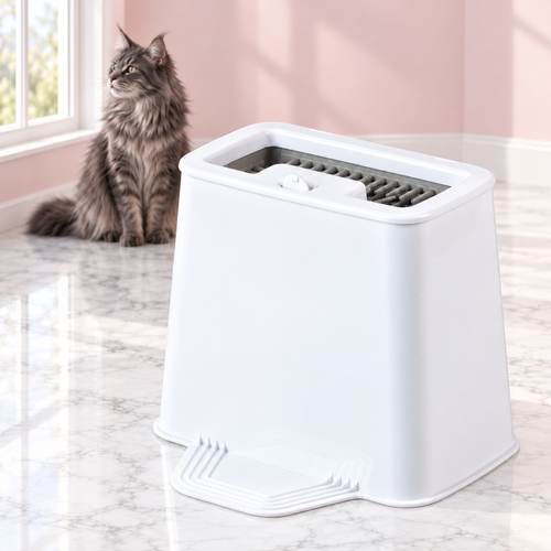 2-in-1 Universal Litter Scoop Holder – The Scoop Station with a smoky grey Maine Coon in a pale pink room