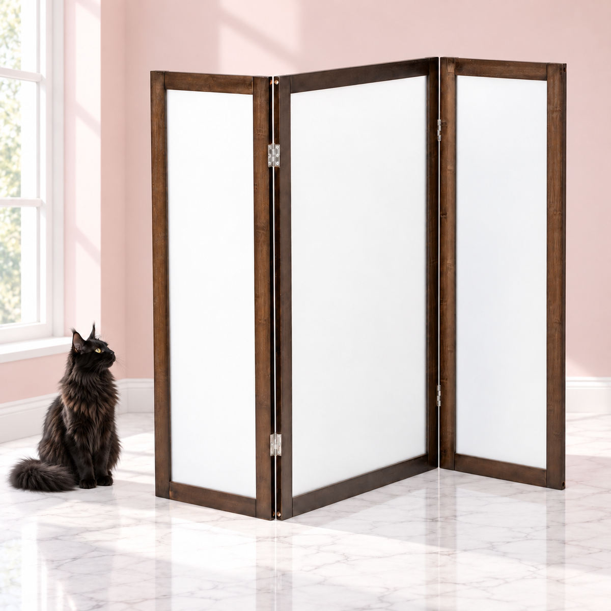 Modest Cat Litter Box Privacy Screen – The Privacy Screen with a black Maine Coon in a pale pink room