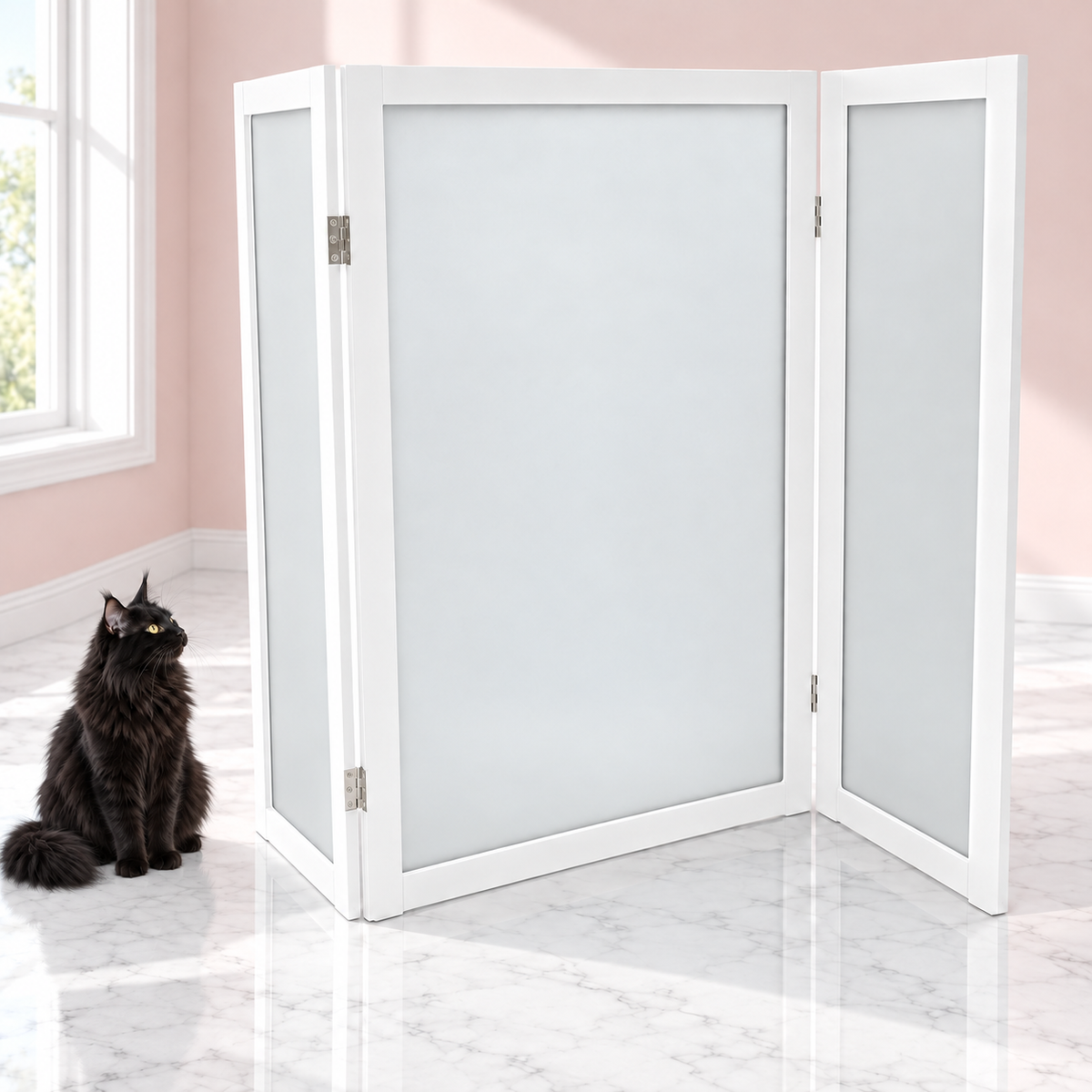 Modest Cat Litter Box Privacy Screen – The Privacy Screen with a black Maine Coon in a pale pink room