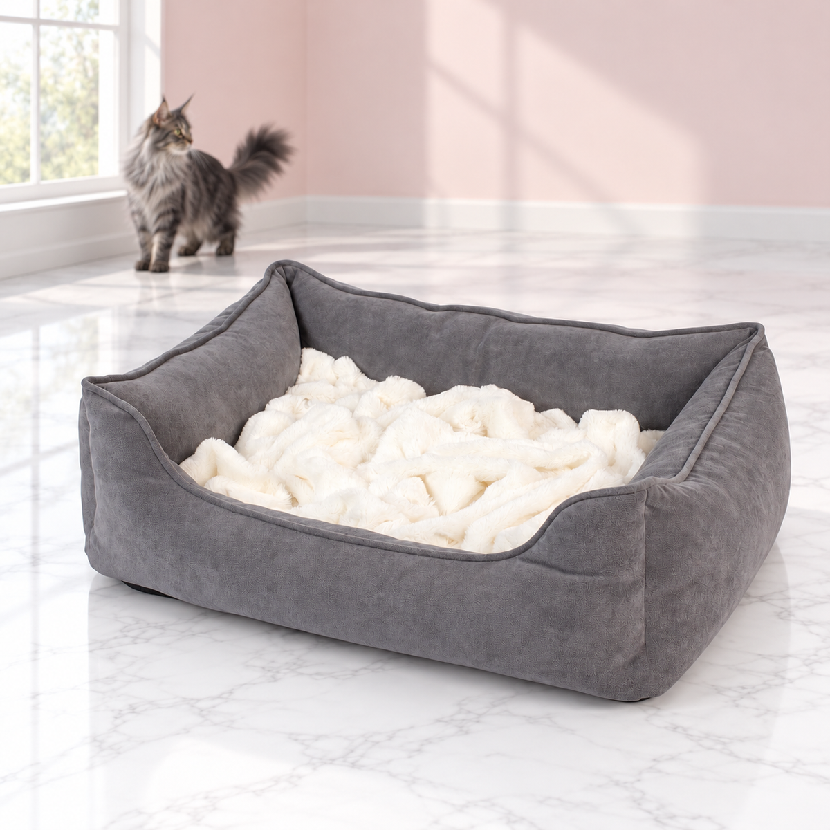 Cuddler Pet Bed – The Cloud Cuddler with a smoky grey Maine Coon in a pale pink room
