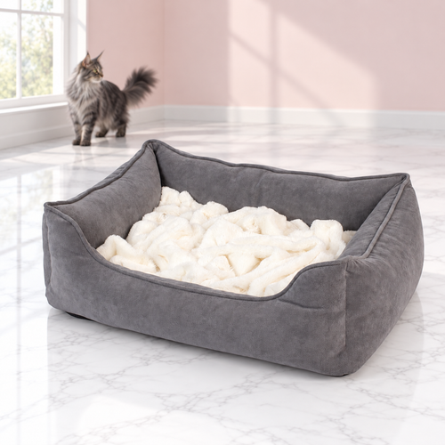 Cuddler Pet Bed – The Cloud Cuddler with a smoky grey Maine Coon in a pale pink room