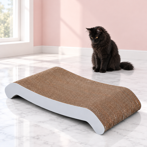 Cat Scratching Flip Pad – The Flip Lounge with a black Maine Coon in a pale pink room