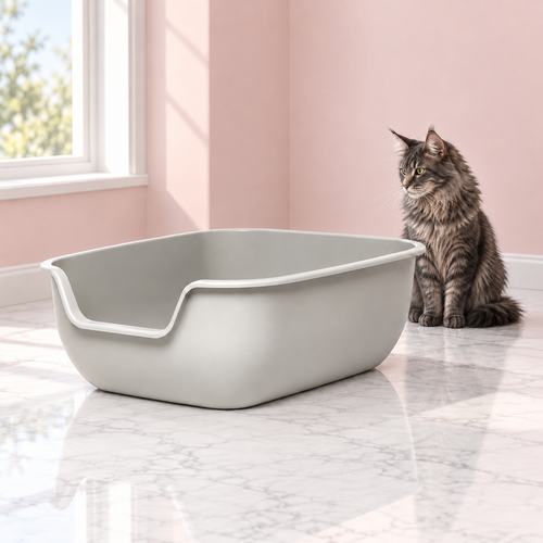 BetterBox Cat Litter Box – The Everyday Gallery with a smoky grey Maine Coon in a pale pink room