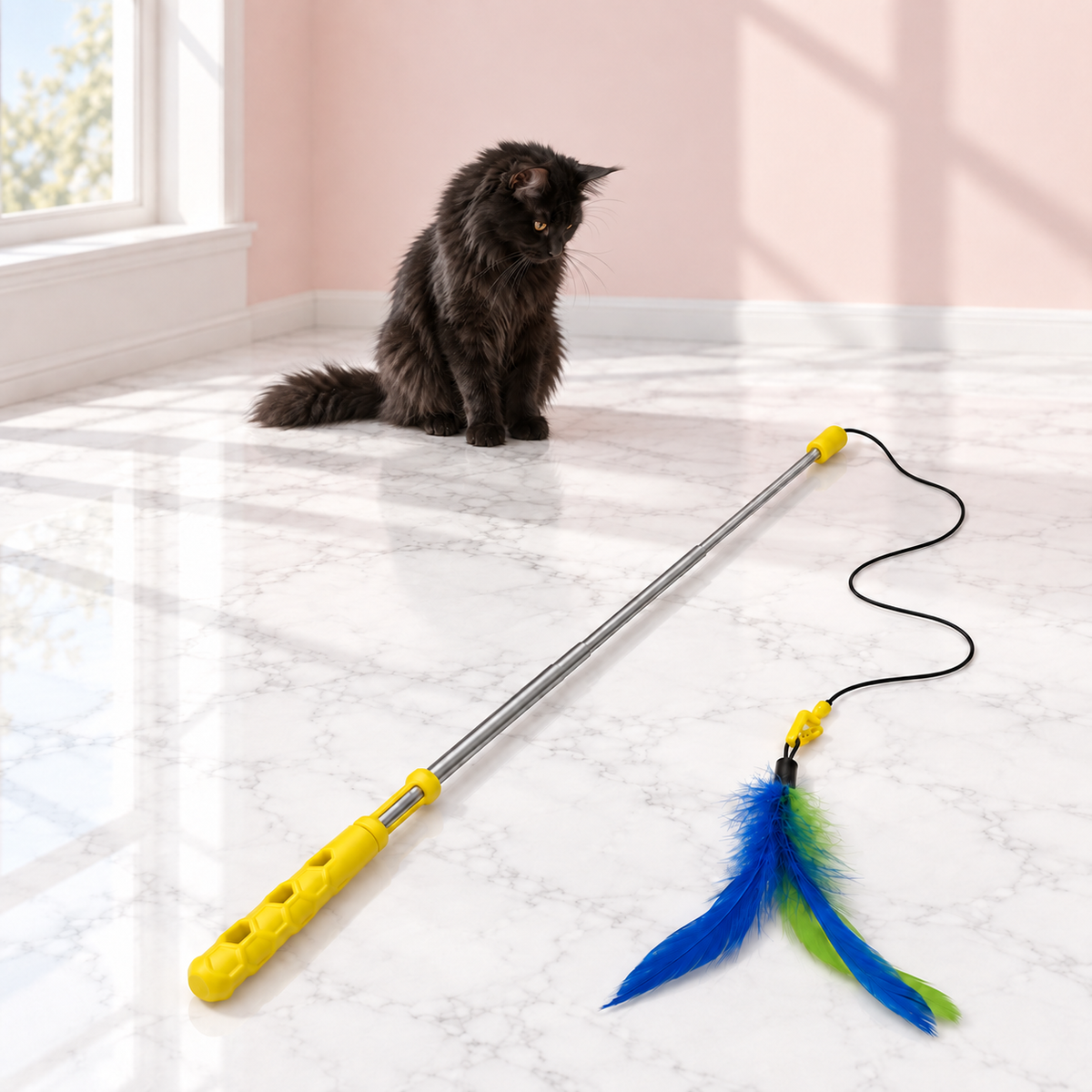 Feathers Telescopic Cat Wand – The Feather Waltz with a black Maine Coon in a pale pink room