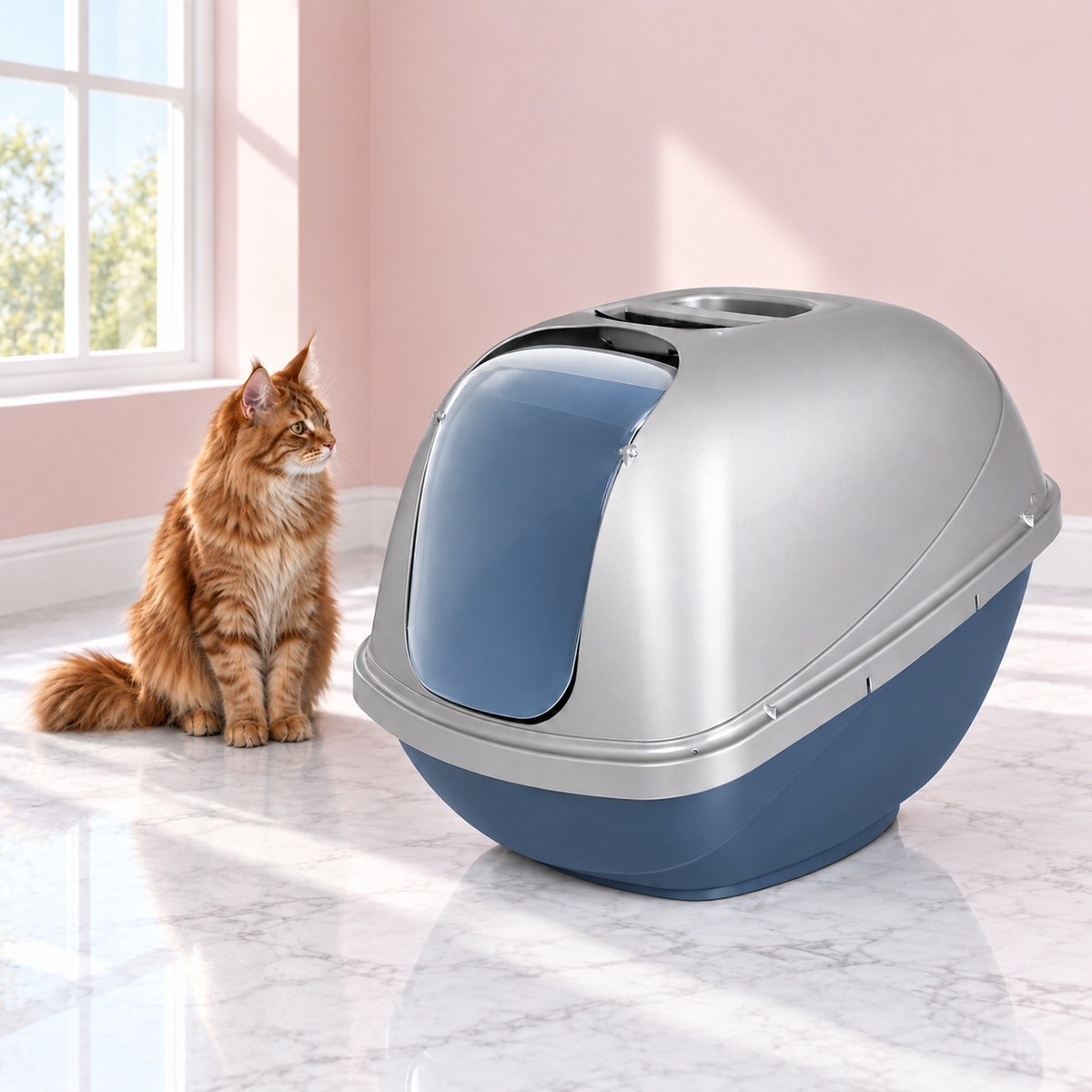 Basic Hooded Cat Litter Pan – The Covered Gallery with a ginger Maine Coon in a pale pink room