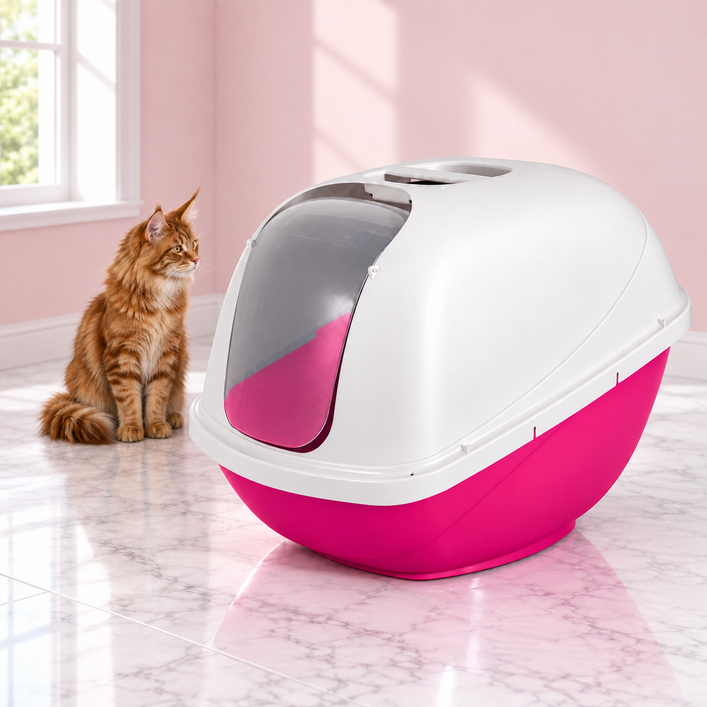 Basic Hooded Cat Litter Pan – The Covered Gallery with a ginger Maine Coon in a pale pink room