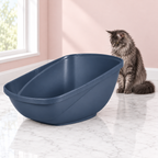 Hi-Back Open Litter Box – The Highback Gallery with a smoky grey Maine Coon in a pale pink room