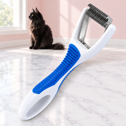 Cat Deshedding Tool – The Undercoat Keeper with a black Maine Coon in a pale pink room