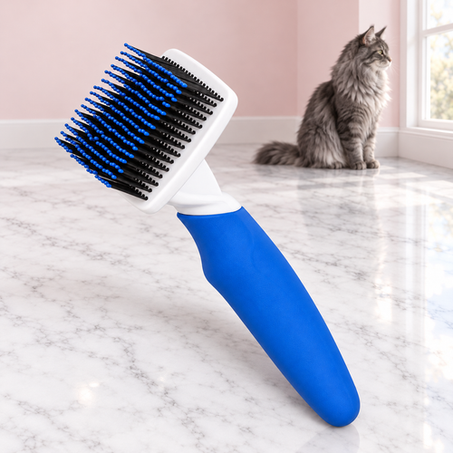 Cat Brush – The Daily Brush with a smoky grey Maine Coon in a pale pink room