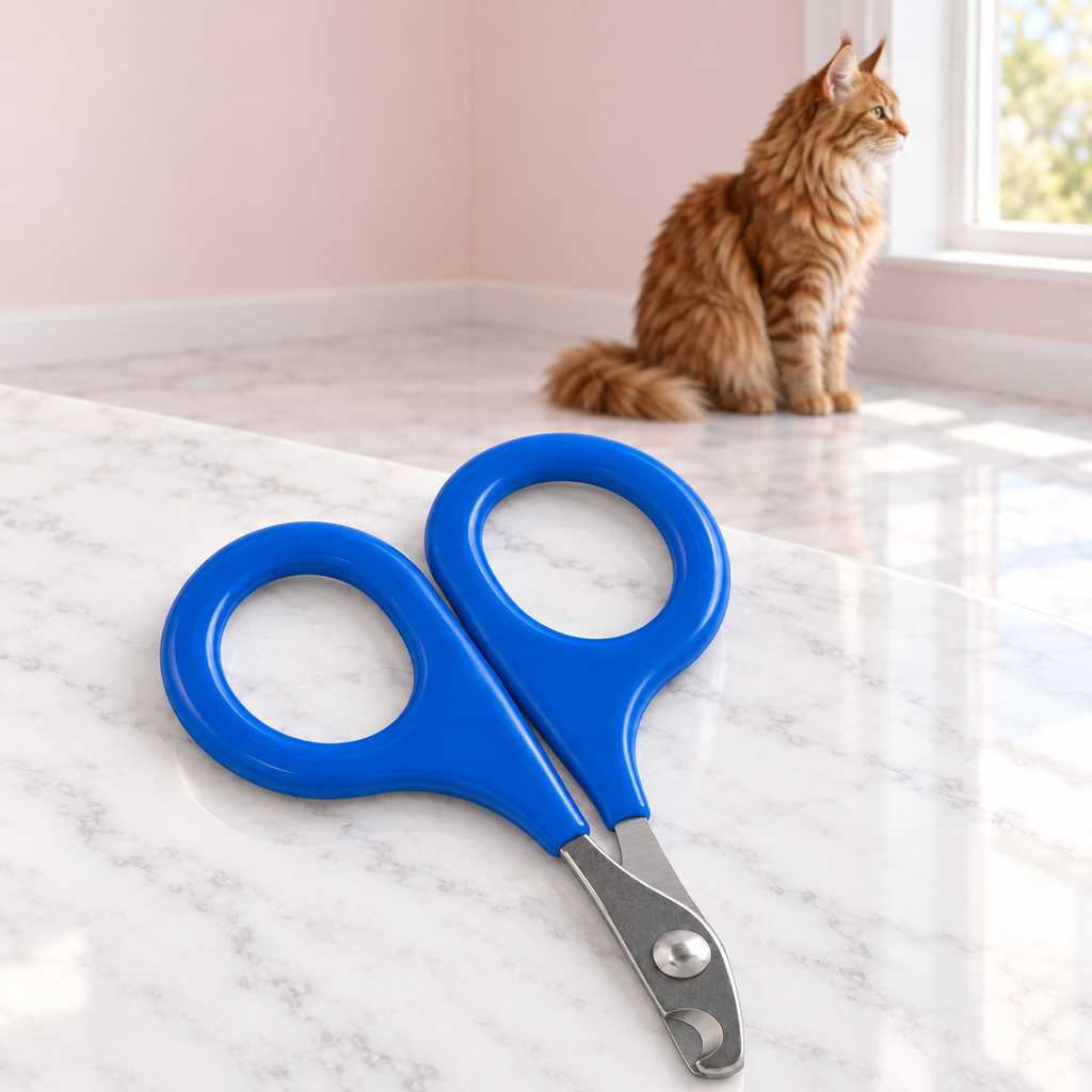 Cat Nail Clipper – The Claw Keeper with a ginger Maine Coon in a pale pink room