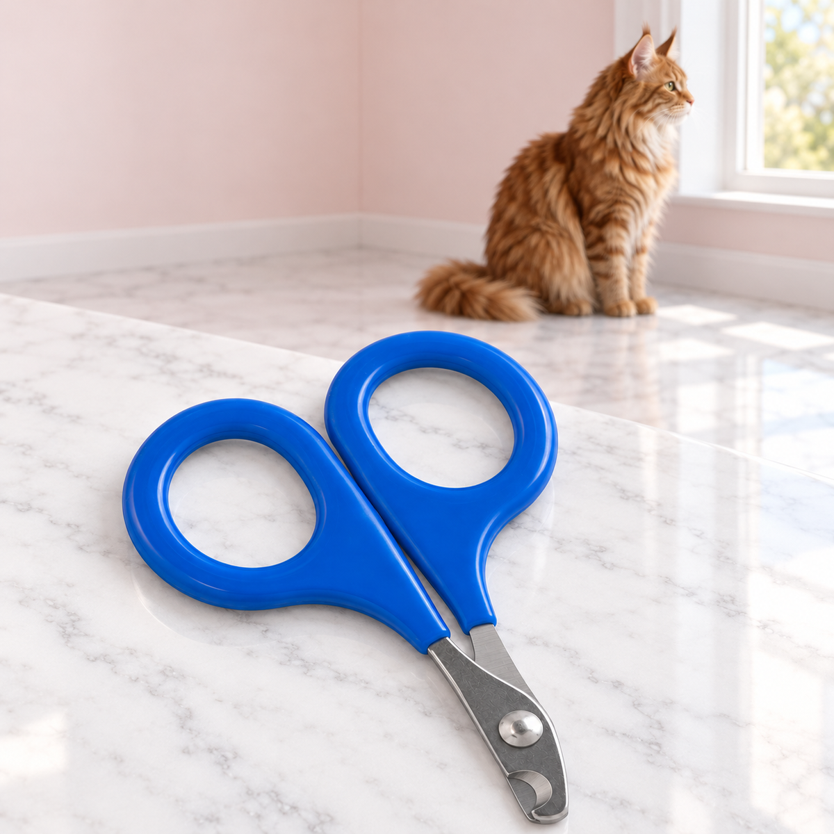 Cat Nail Clipper – The Claw Keeper with a ginger Maine Coon in a pale pink room