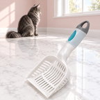 Deluxe 2-In-1 Litter Scoop with Waste Bags – The Tidy Companion with a smoky grey Maine Coon in a pale pink room