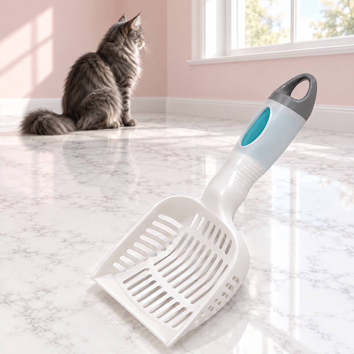 Deluxe 2-In-1 Litter Scoop with Waste Bags – The Tidy Companion with a smoky grey Maine Coon in a pale pink room